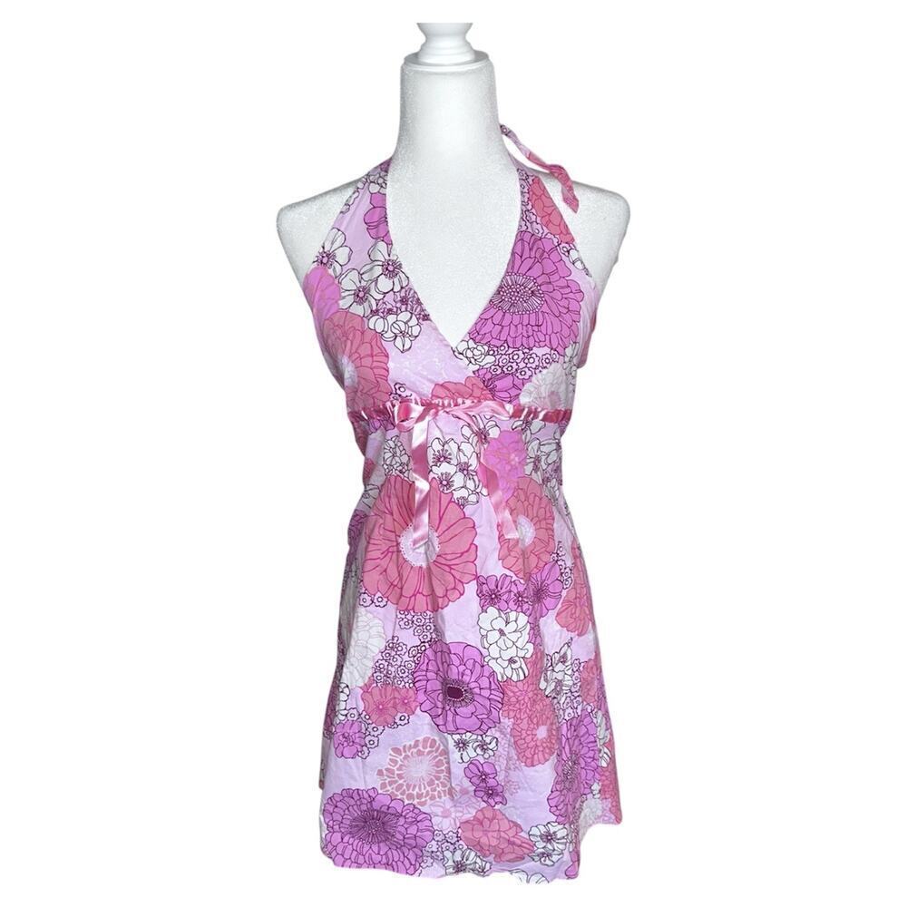 Y2k pink floral halter coquette mini dress sz L